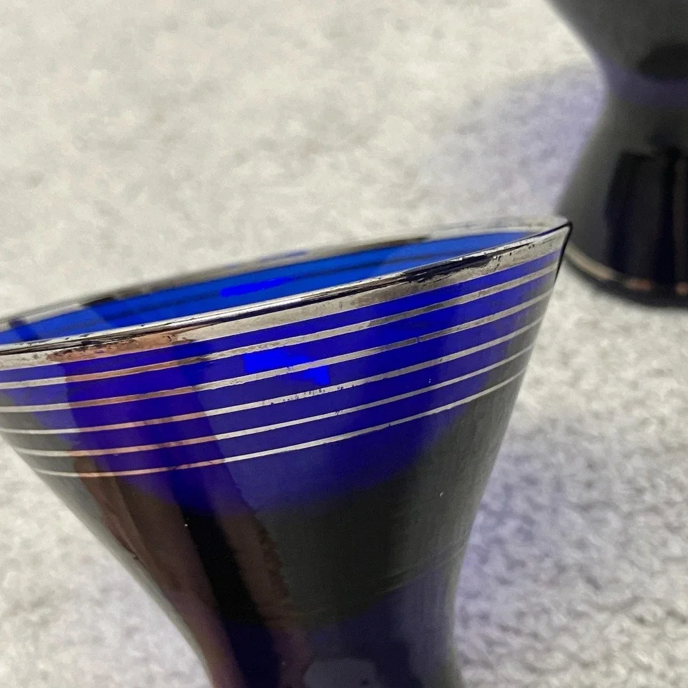 Vintage Set of 2 Cobalt Blue Cocktail‎ Glasses with Silver Platinum Banding MCM
